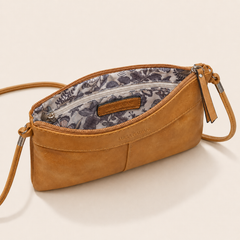 Camel crossbody bag with long leather strap