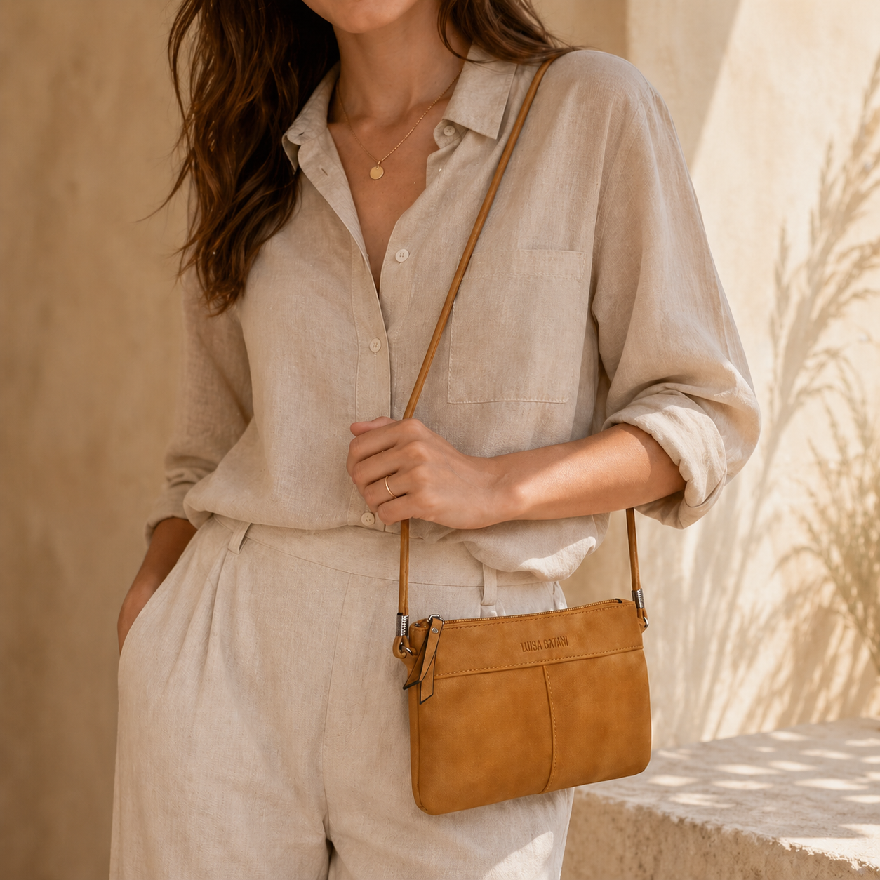 Everyday camel leather crossbody bag for women