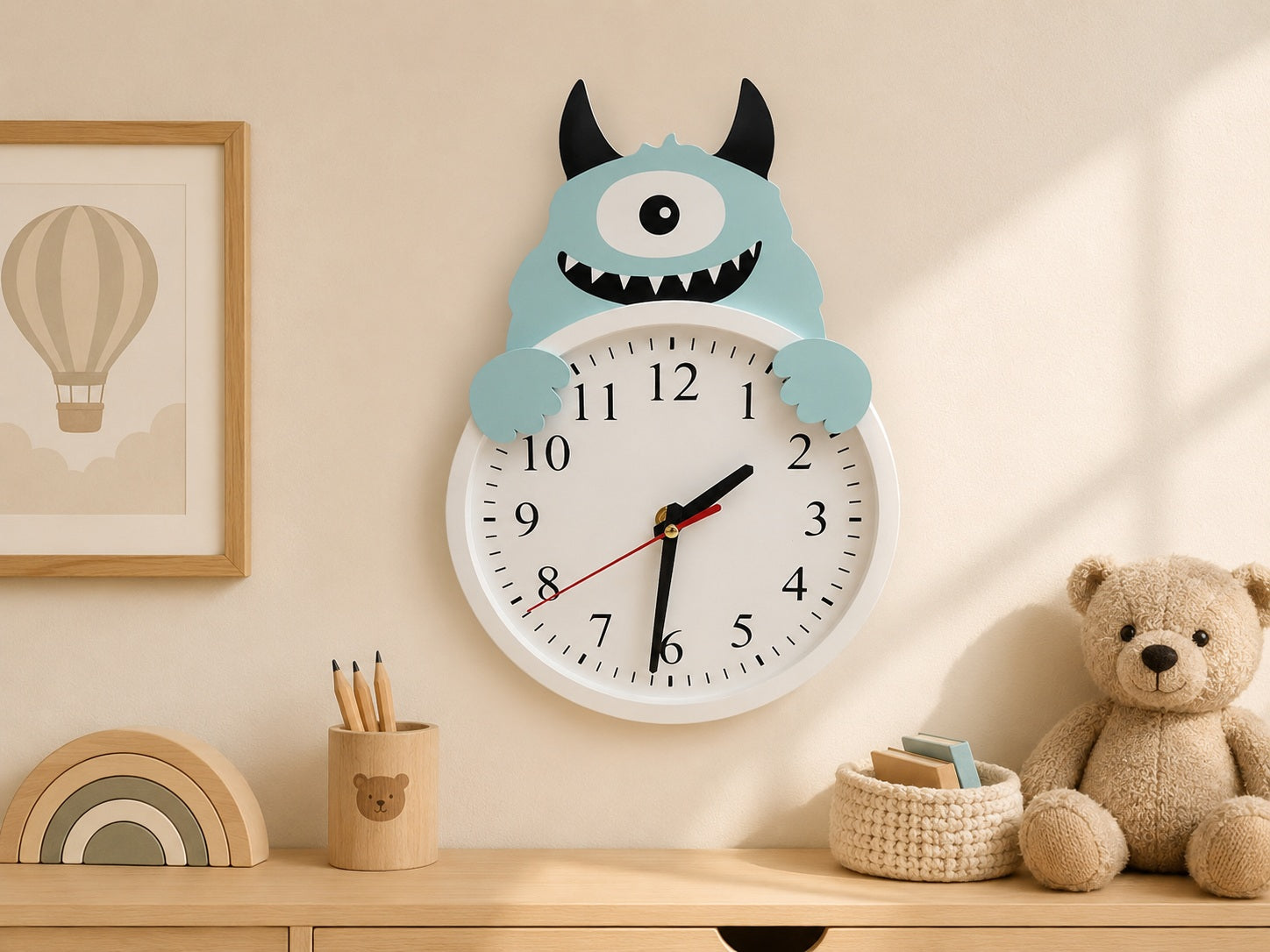 Monster kids wooden wall and table clock in baby blue
