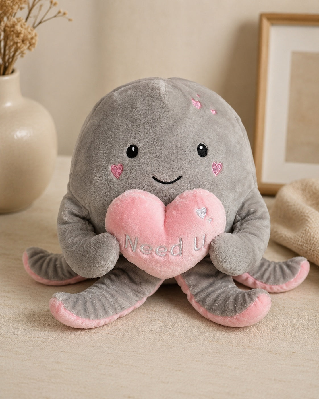 Need U Octopus Plush Toy – Grey & Pink Heart