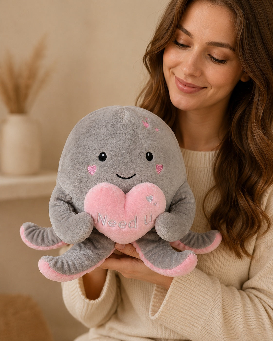 Need U Octopus Plush Toy – Grey & Pink Heart