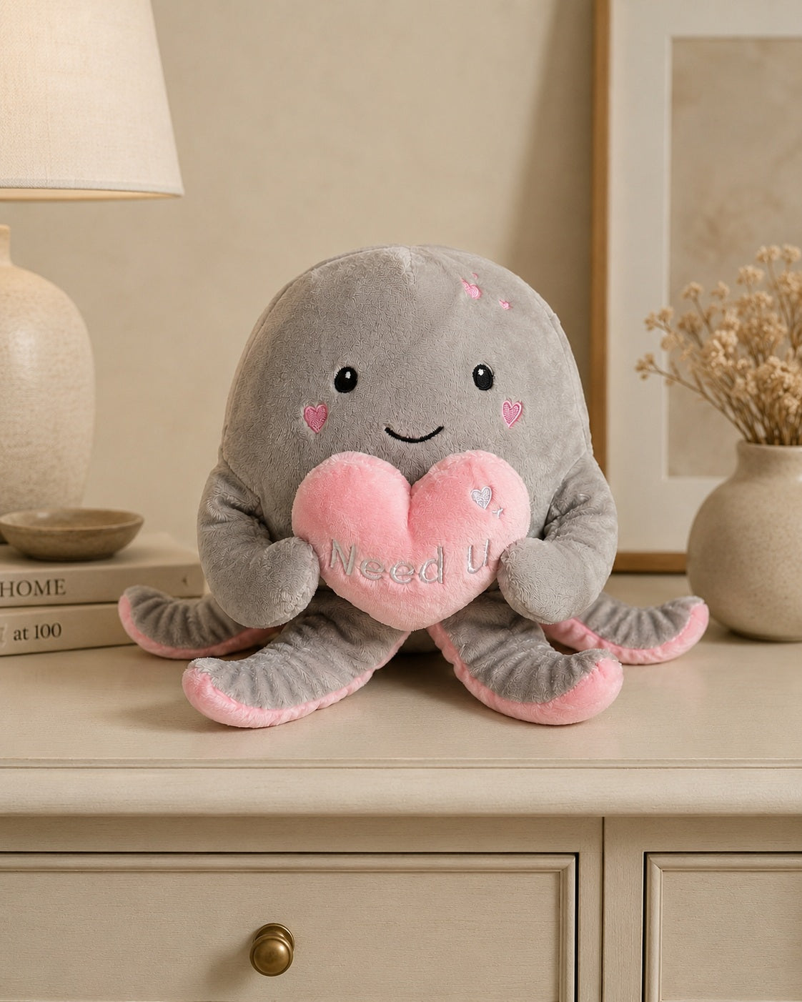 Need U Octopus Plush Toy – Grey & Pink Heart
