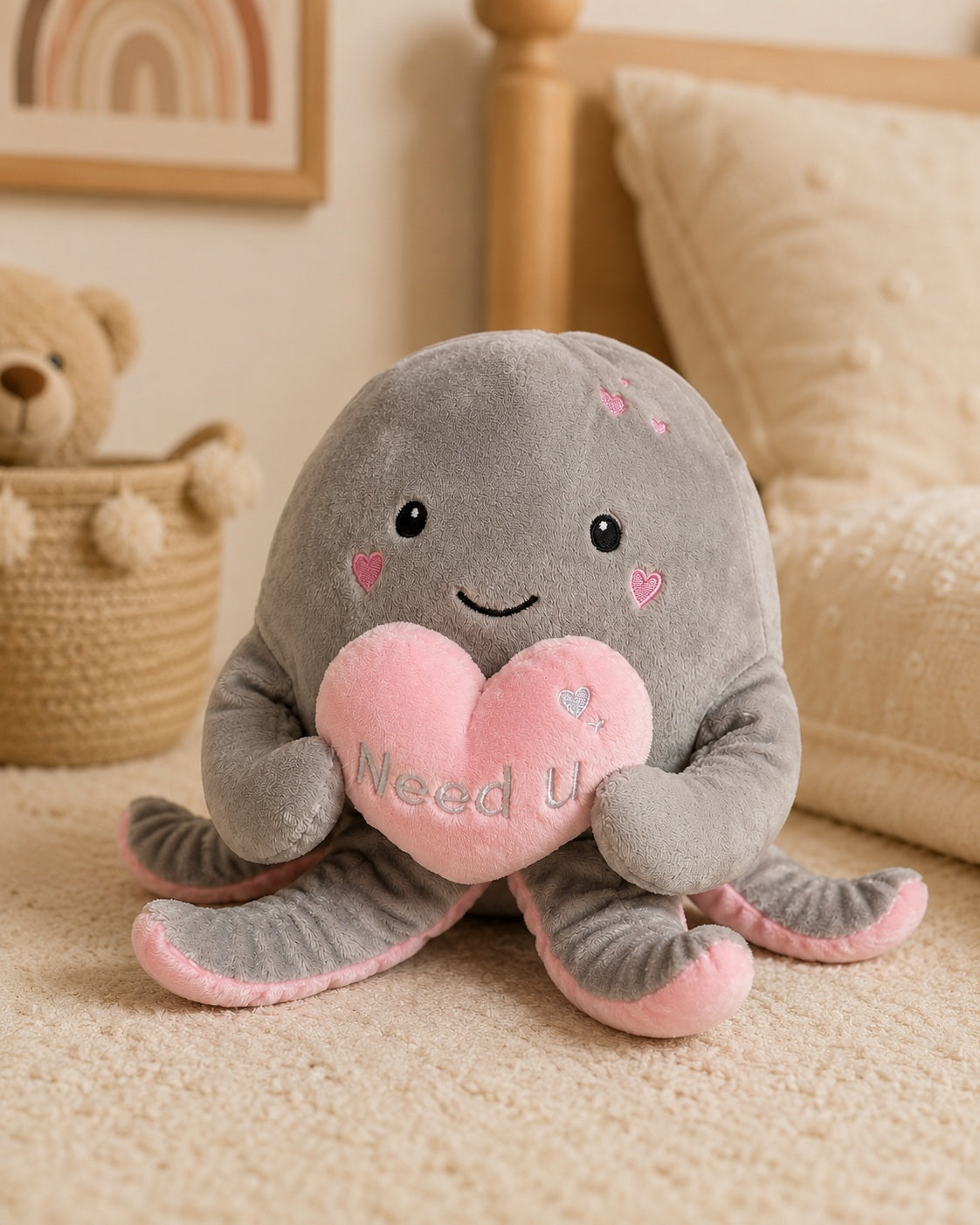 Need U Octopus Plush Toy – Grey & Pink Heart