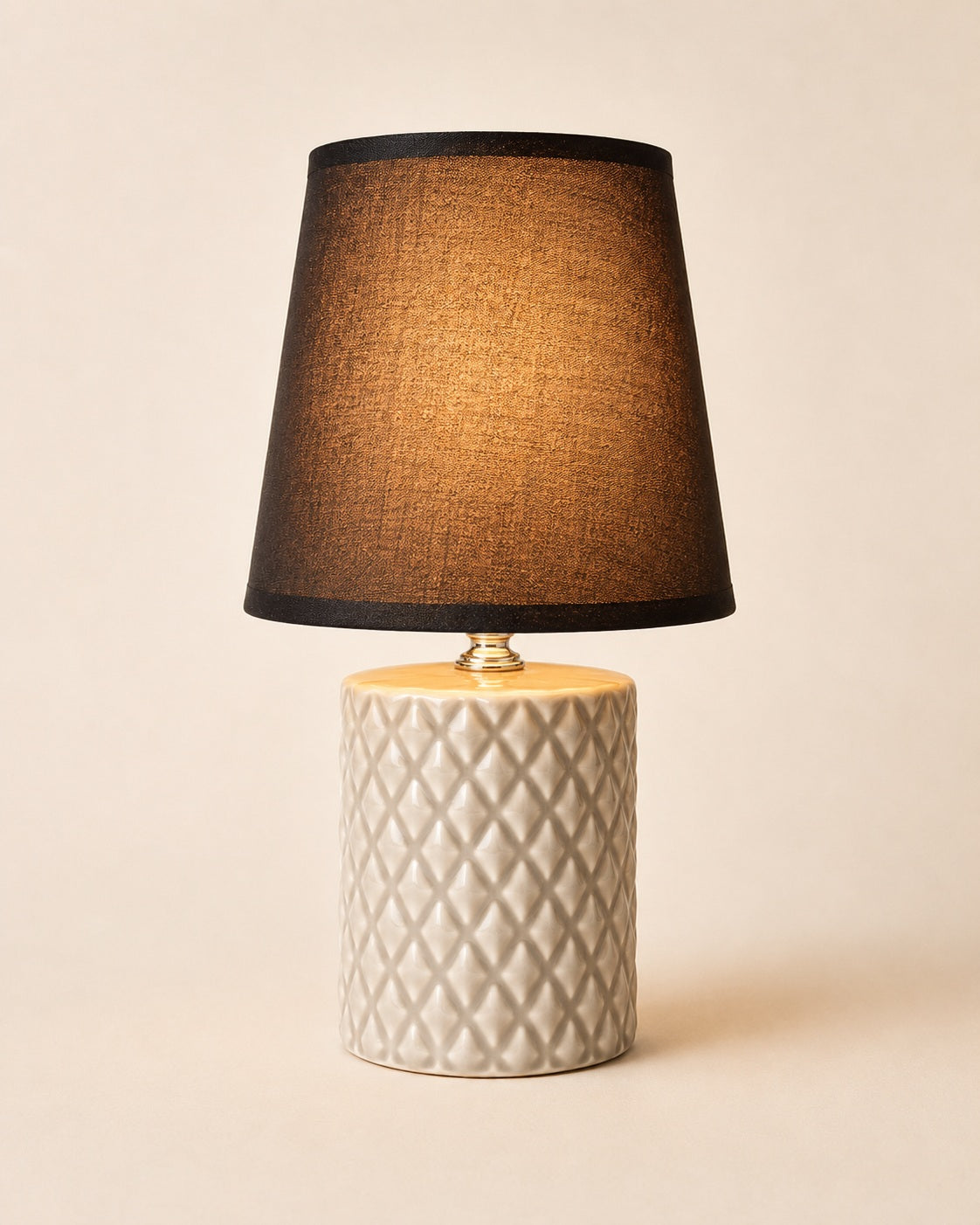 Small grey beige ceramic table lamp with textured diamond base