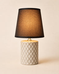 Small grey beige ceramic table lamp with textured diamond base