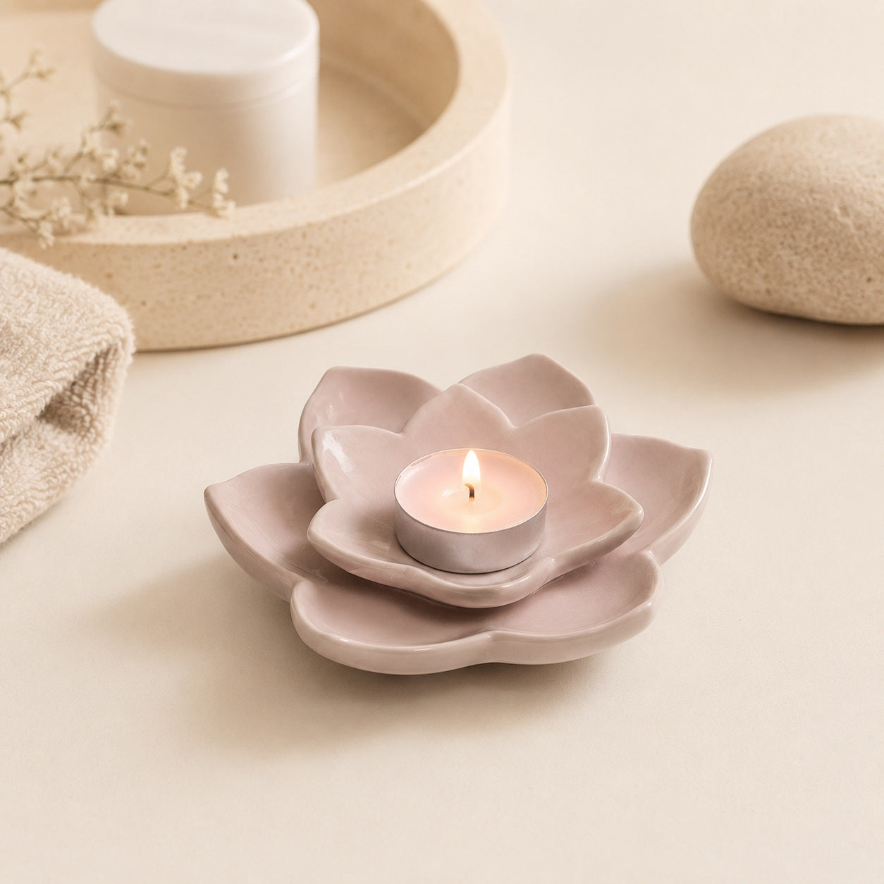 Pink lotus style tealight holder for cosy lighting