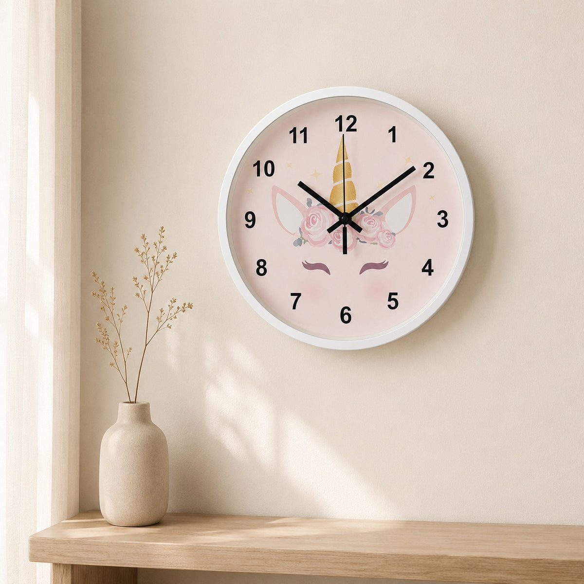 Roze Eenhoorn Wandklok met Bloemen – 30 cm