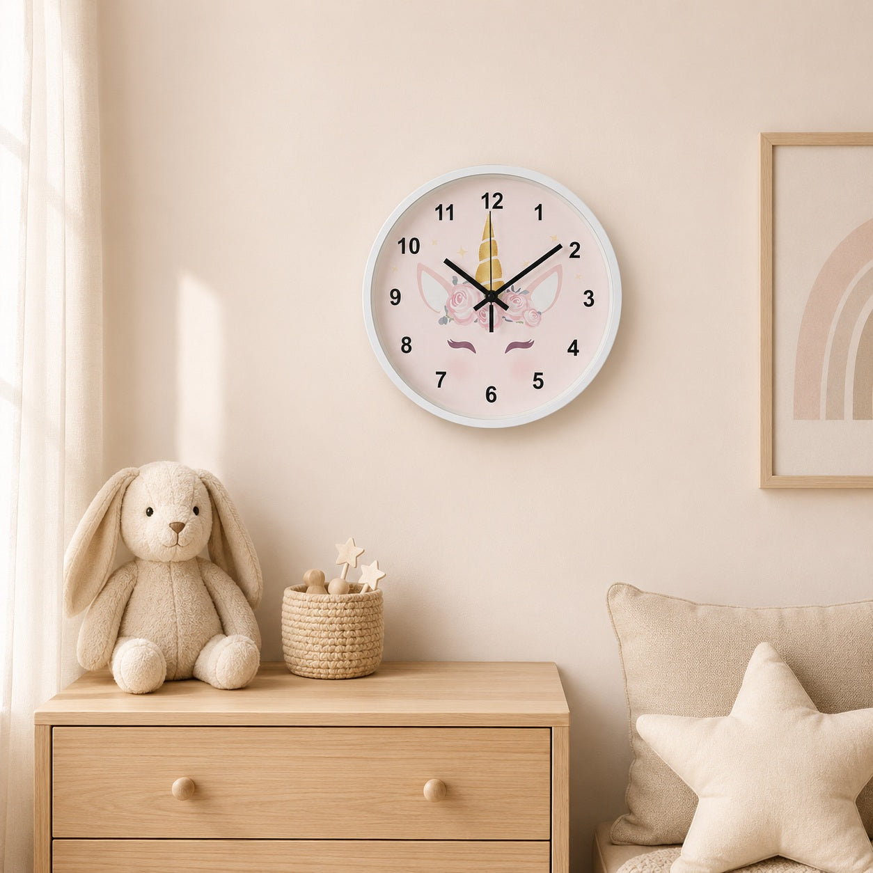 Roze Eenhoorn Wandklok met Bloemen – 30 cm