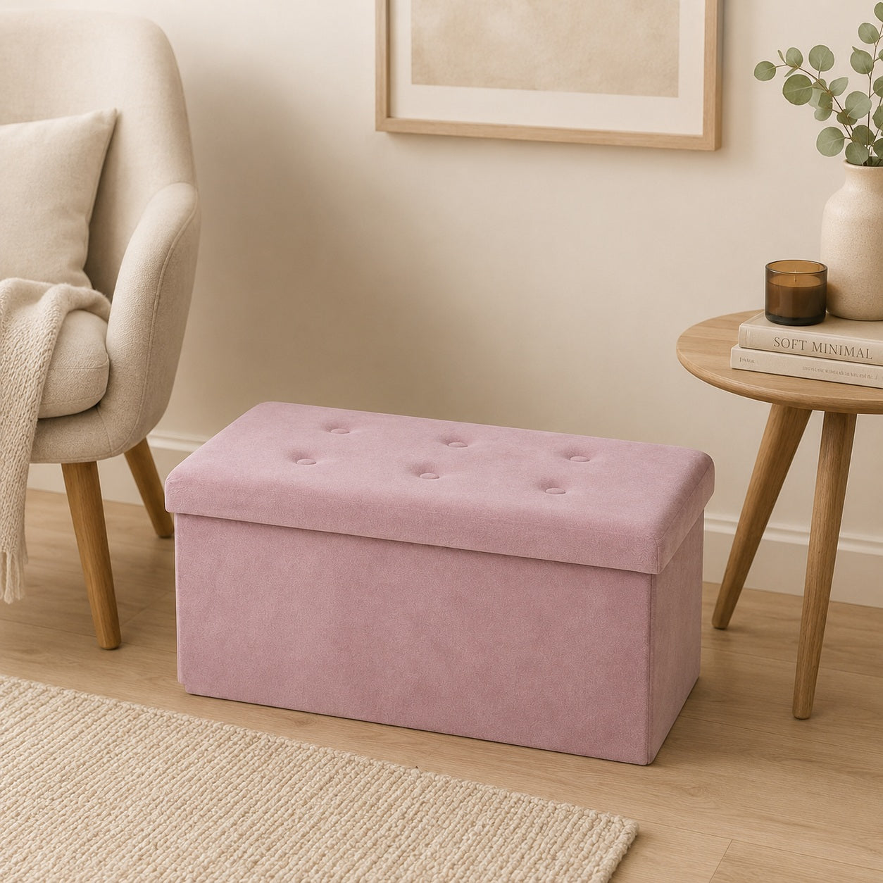 Pink upholstered storage bench in a minimalist reading corner