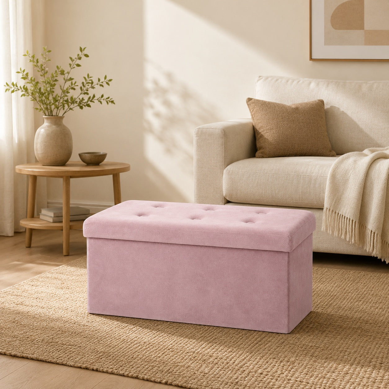 Pink storage ottoman in a warm neutral living room