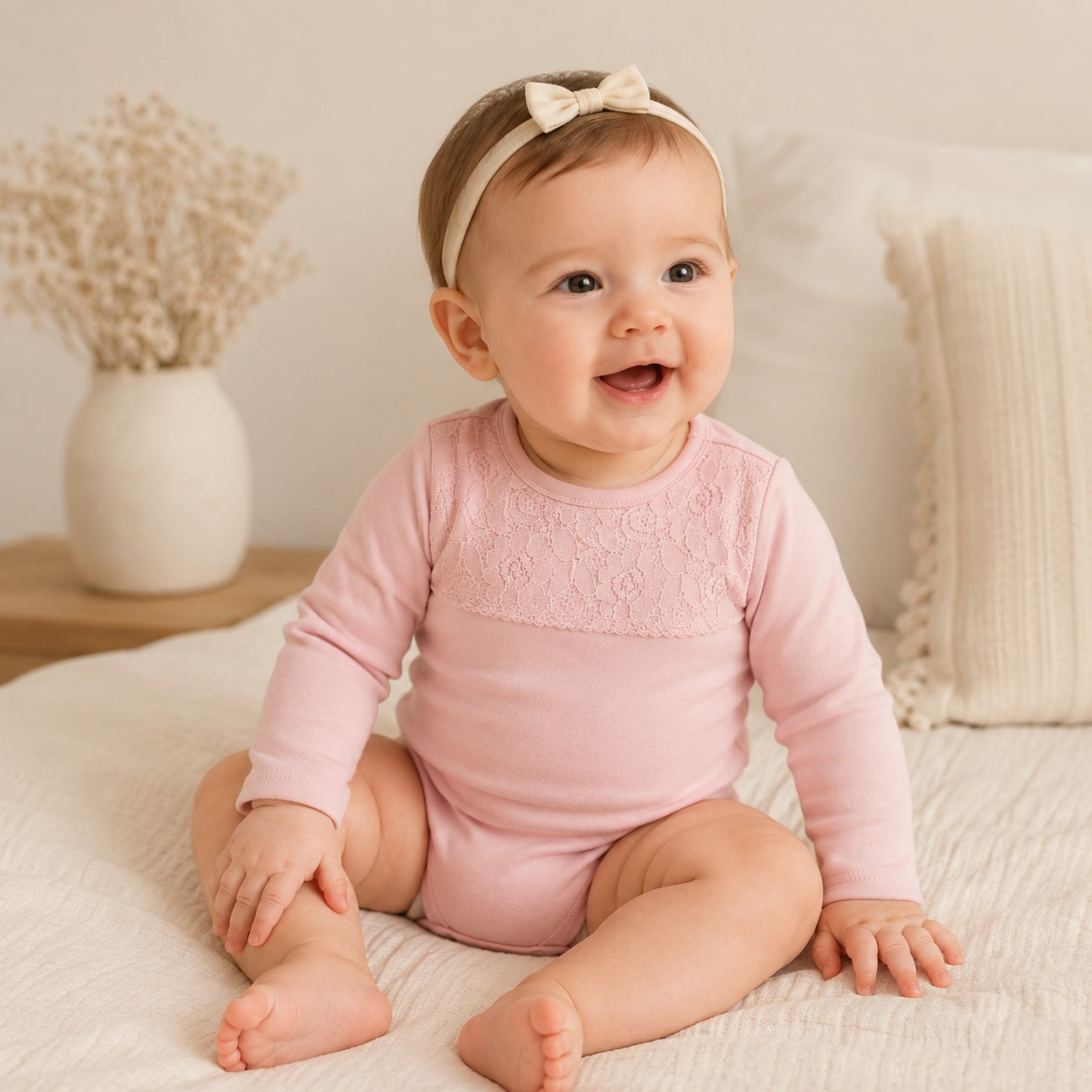 Pytteliten roze baby bodysuit met delicate lace upper front