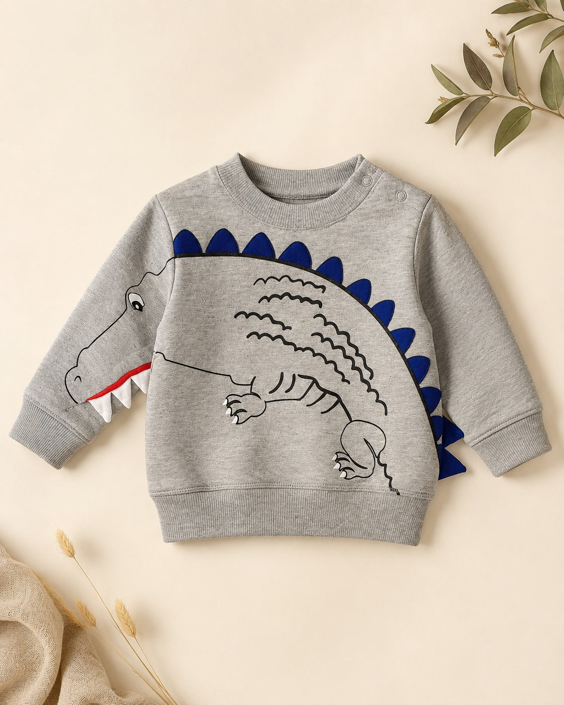 Grijs baby jongen pullover met crocodile dinosaurus design