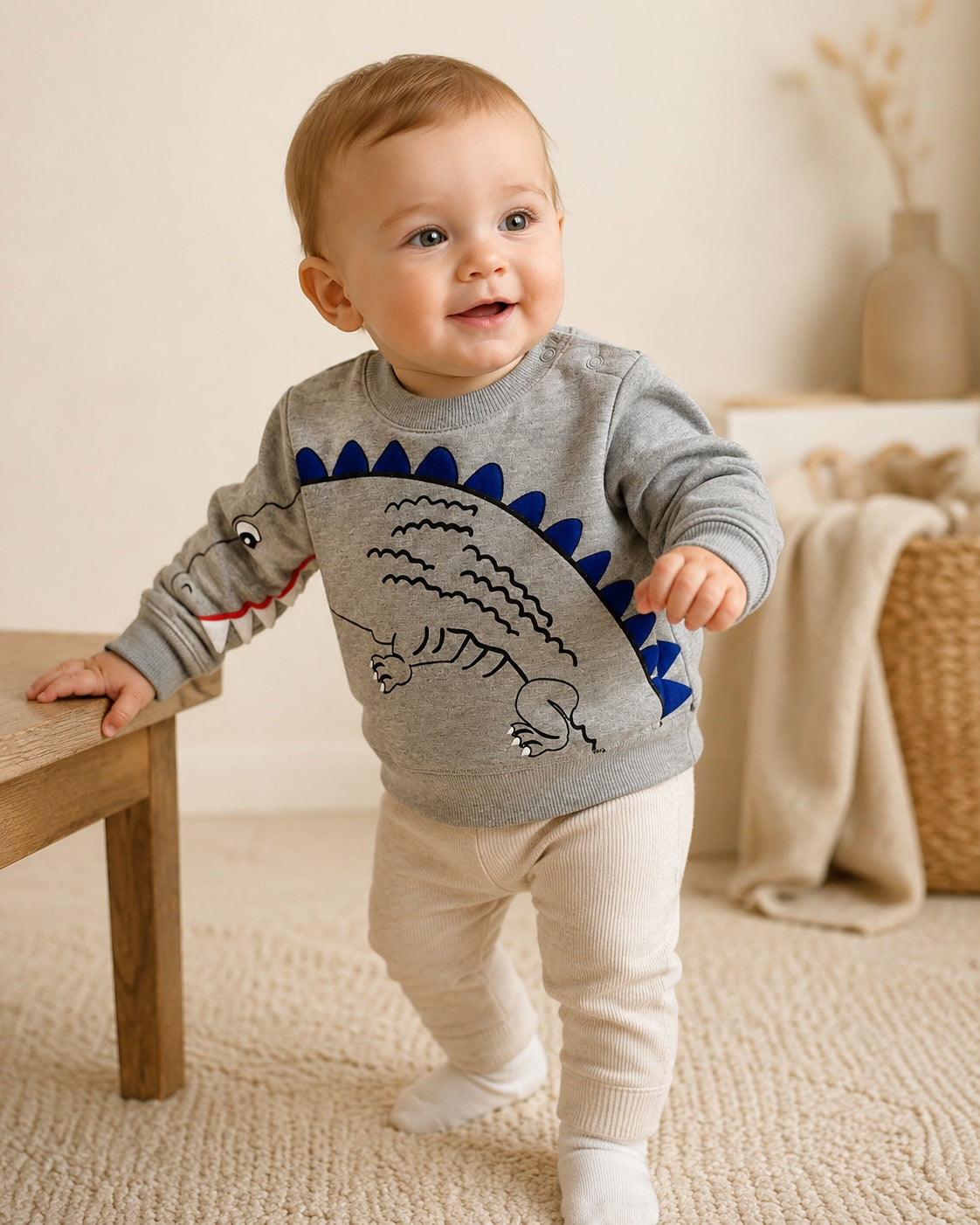Pytteliten Stego baby jongen dinosaurus pullover met teeth