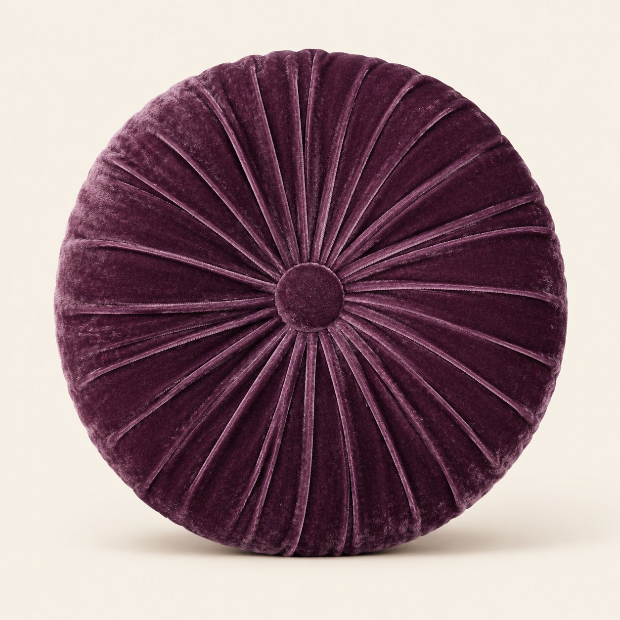 Rindy purple round velvet cushion with pleated design, 38 cm