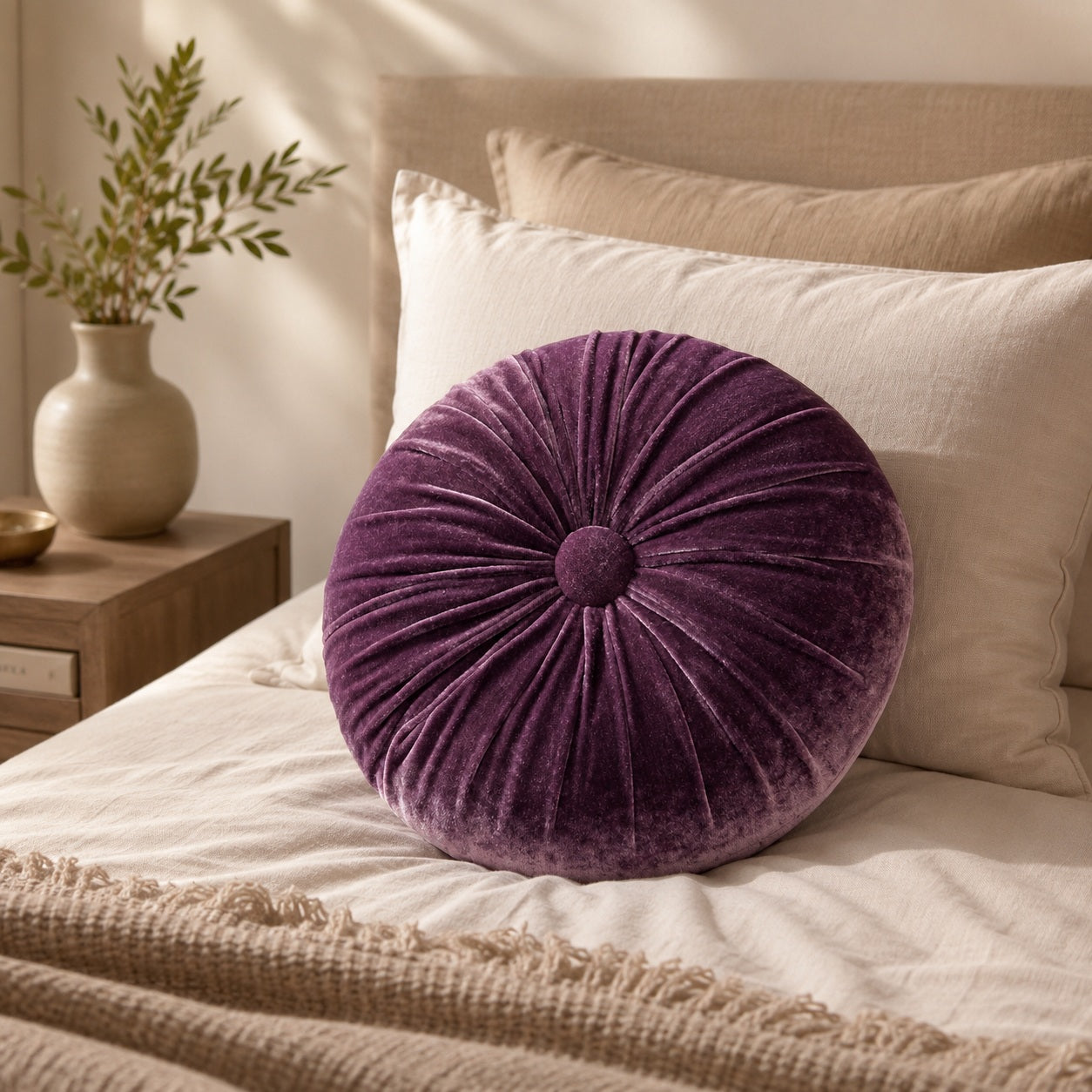 Rindy purple velvet cushion styled on a neutral bed in a warm bedroom