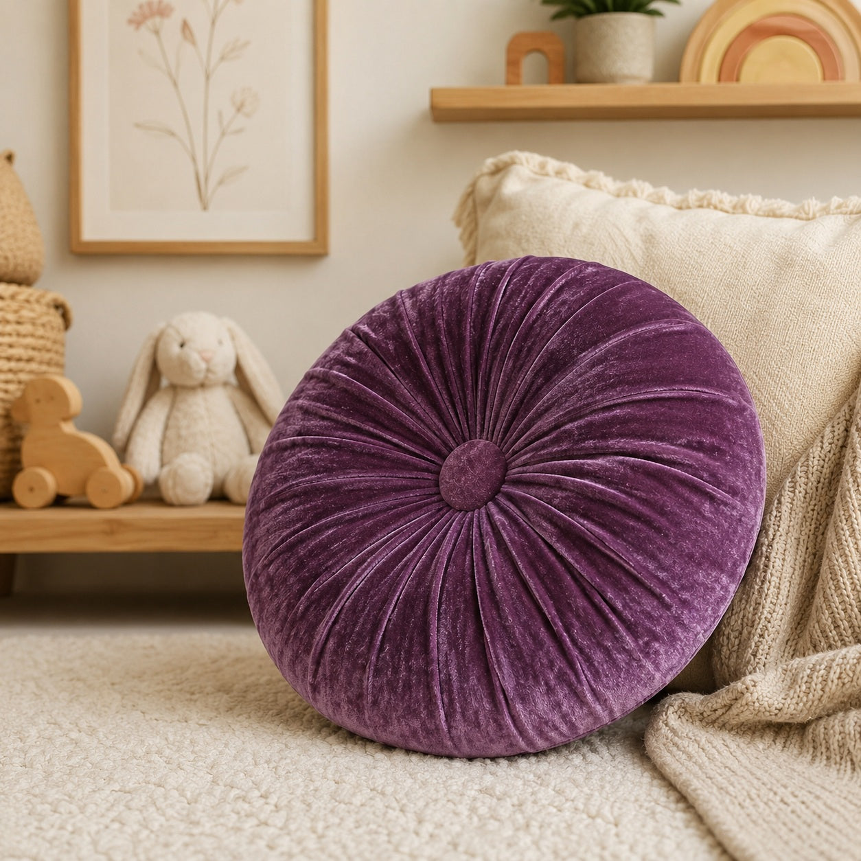 Rindy purple pleated round cushion styled in a soft neutral children’s room