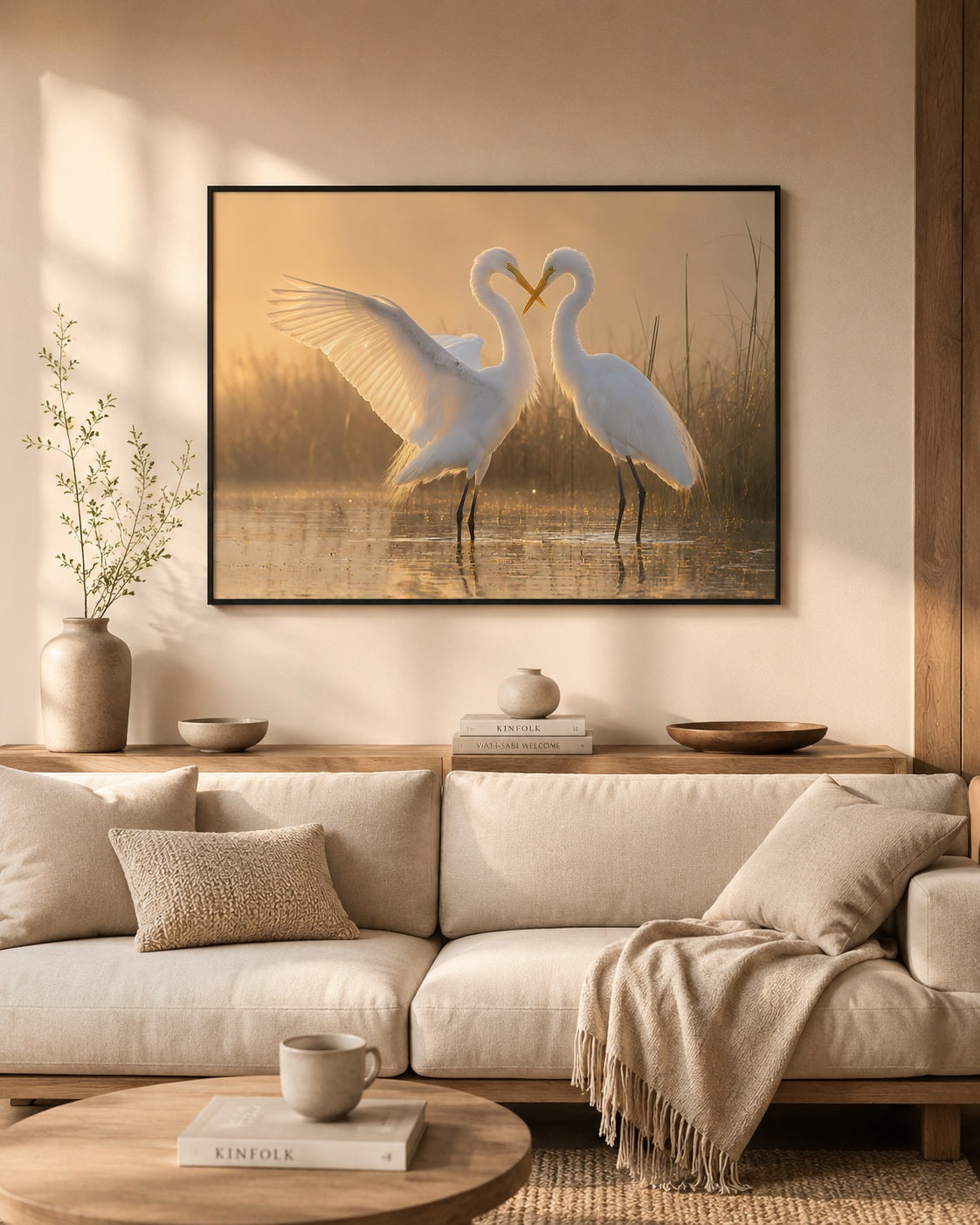 Romantische reigers wandkunst met lijst – Twee witte liefdesvogels