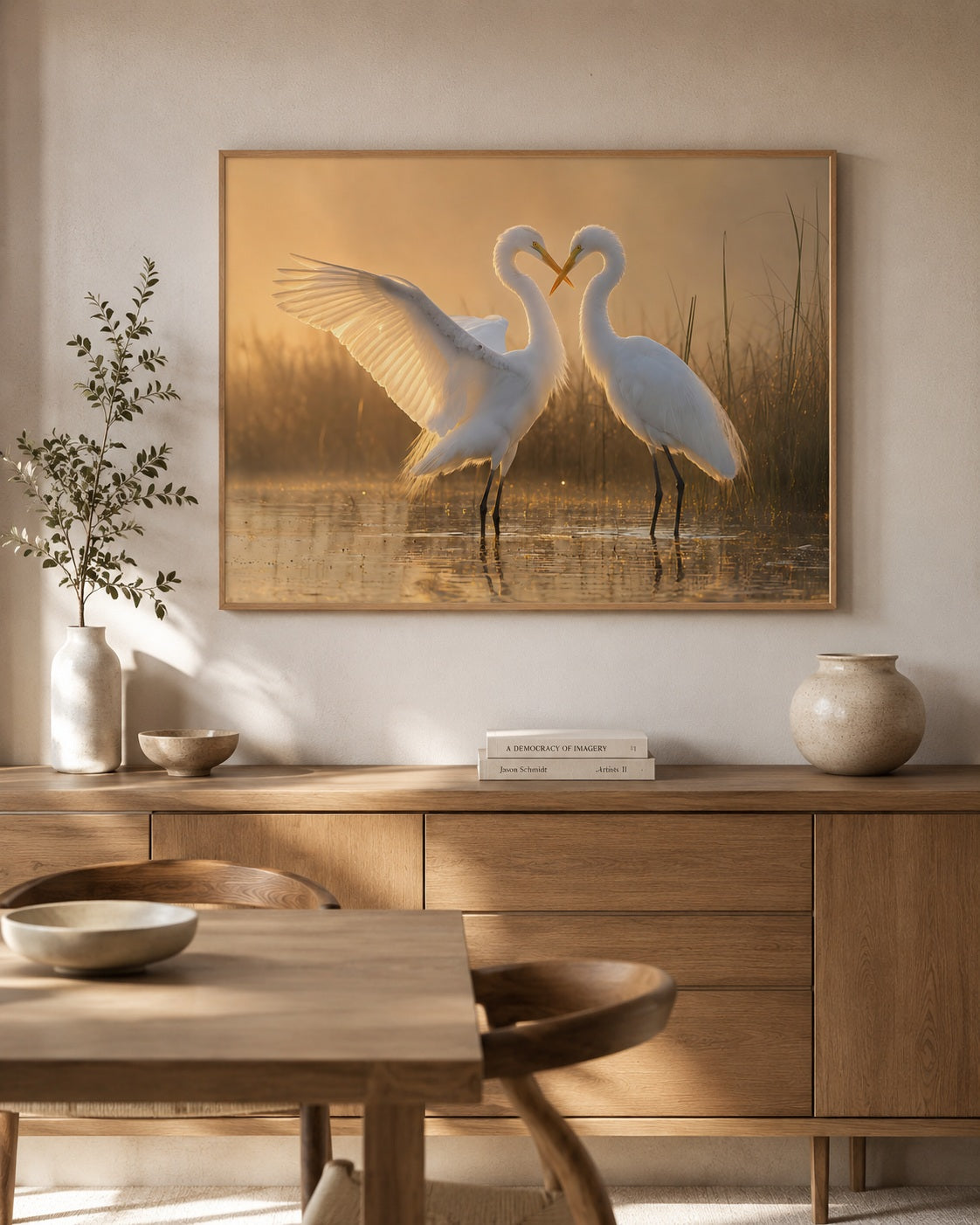 Romantische reigers wandkunst met lijst – Twee witte liefdesvogels