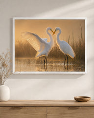 Romantische reigers wandkunst met lijst – Twee witte liefdesvogels
