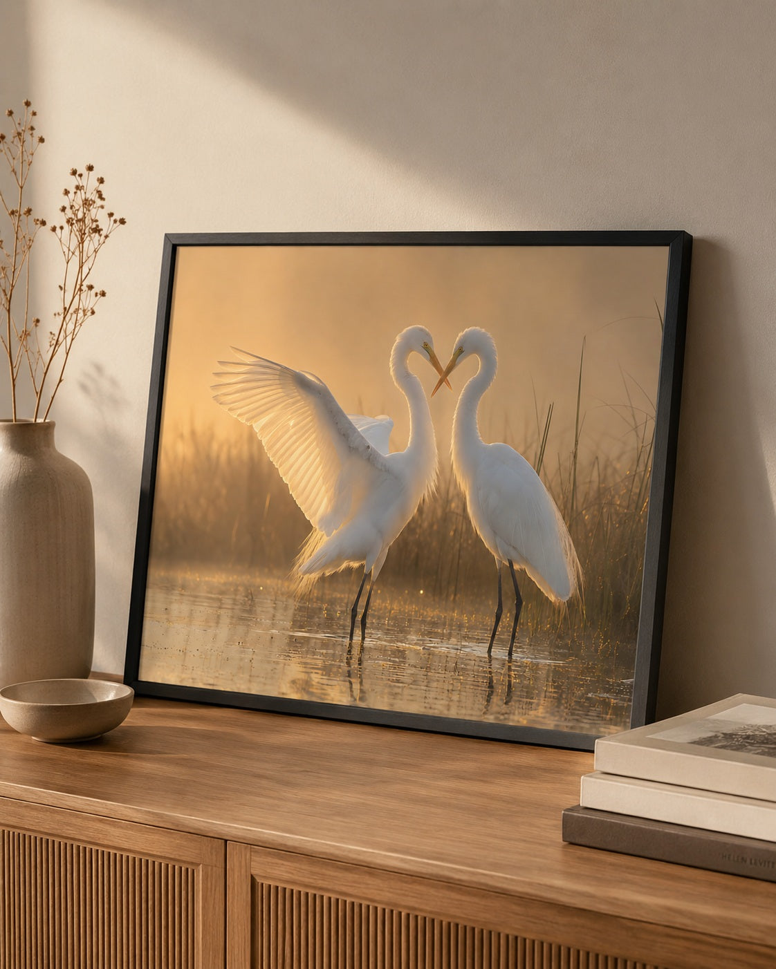 Romantische reigers wandkunst met lijst – Twee witte liefdesvogels