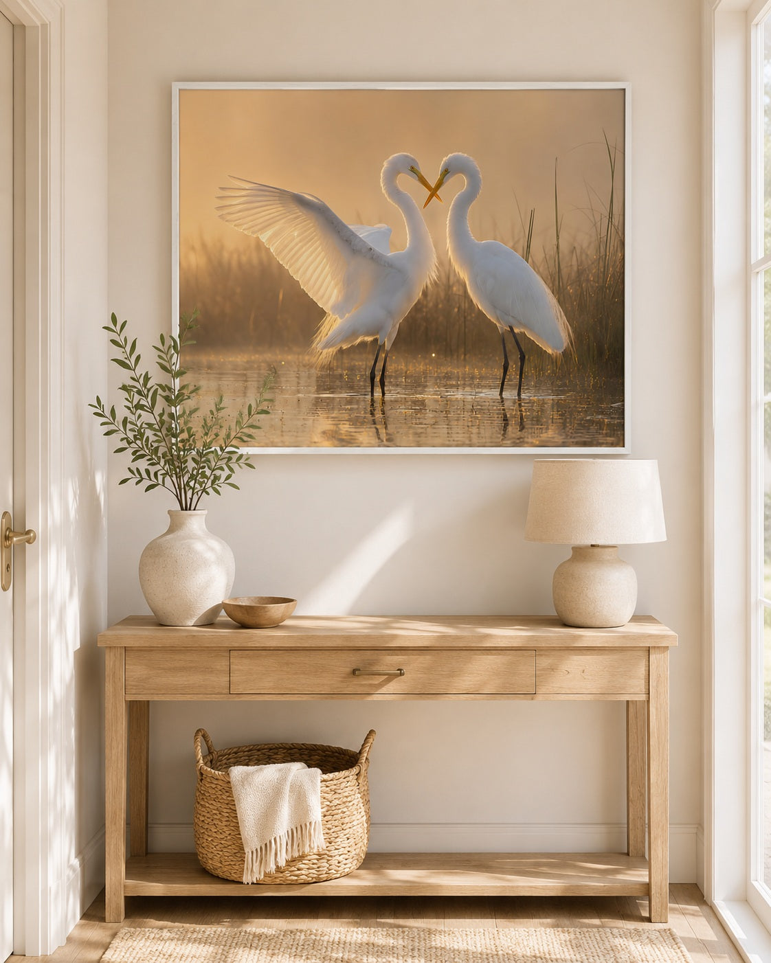Romantische reigers wandkunst met lijst – Twee witte liefdesvogels