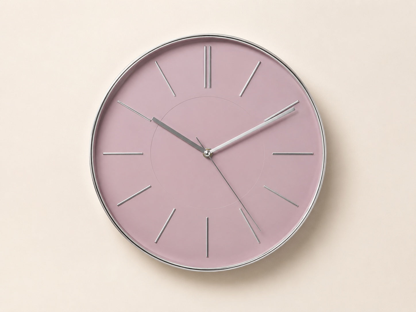 Modern 30 cm pink wall clock with silver rim