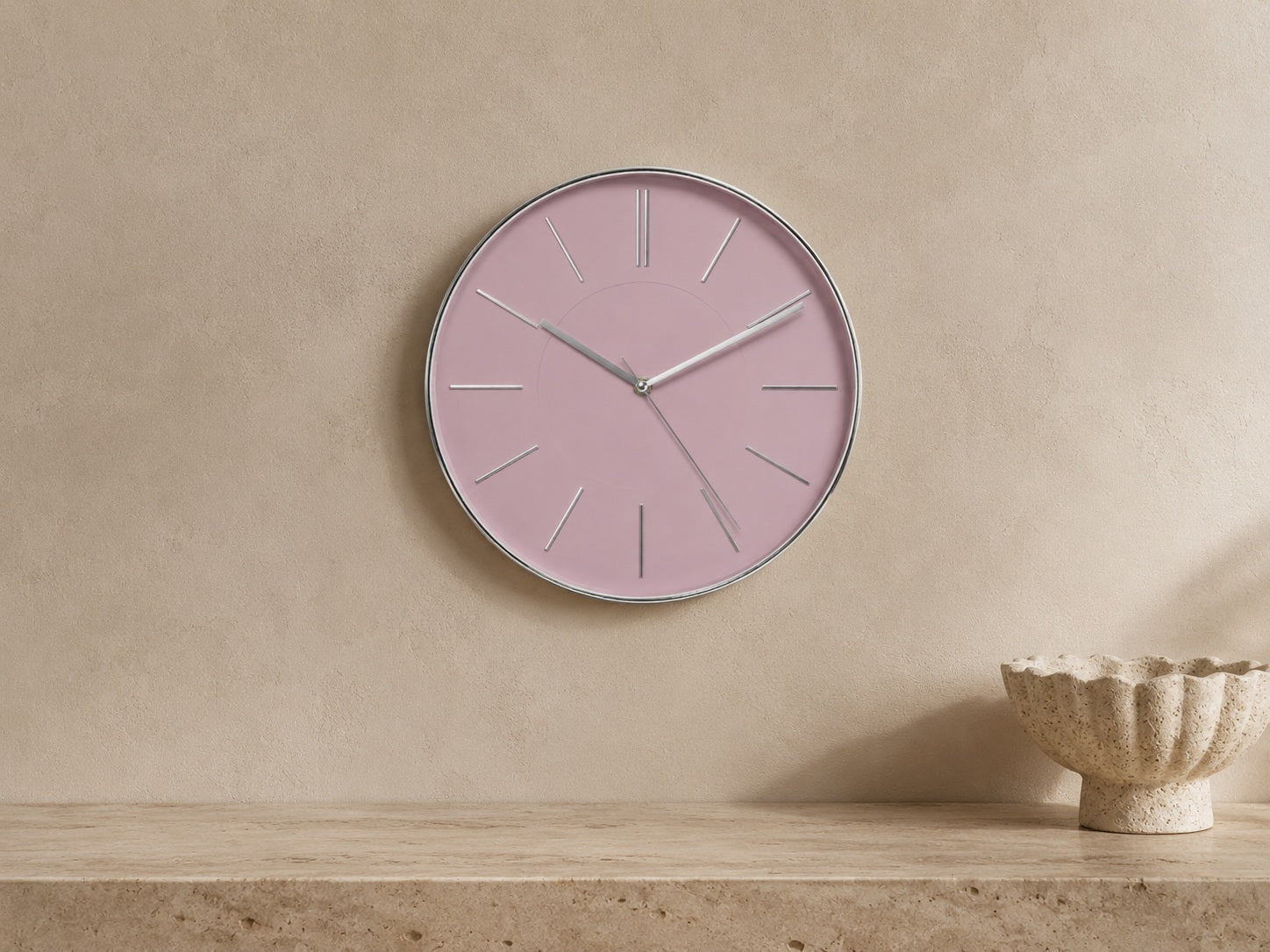 Minimalist pink and silver wall clock for bedroom or living room