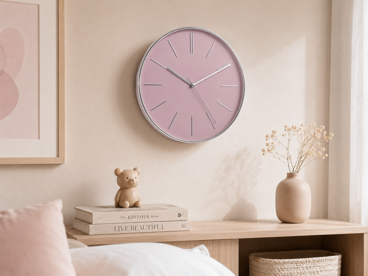 Rosetta pink wall clock with silver details