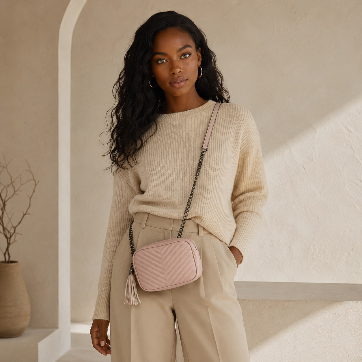 Pink leather crossbody bag with zipper and tassel detail