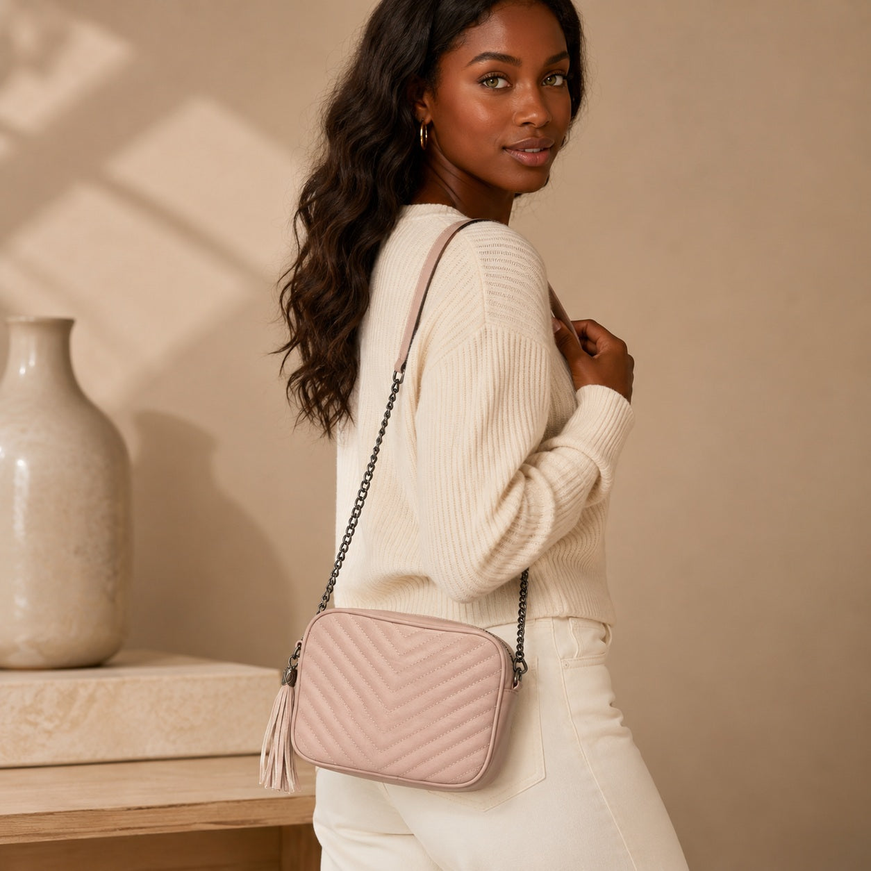 Serilda old pink soft leather crossbody bag with tassel