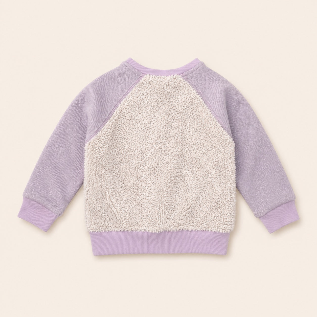Soft violet baby sweater with ribbed cuffs and fluffy texture