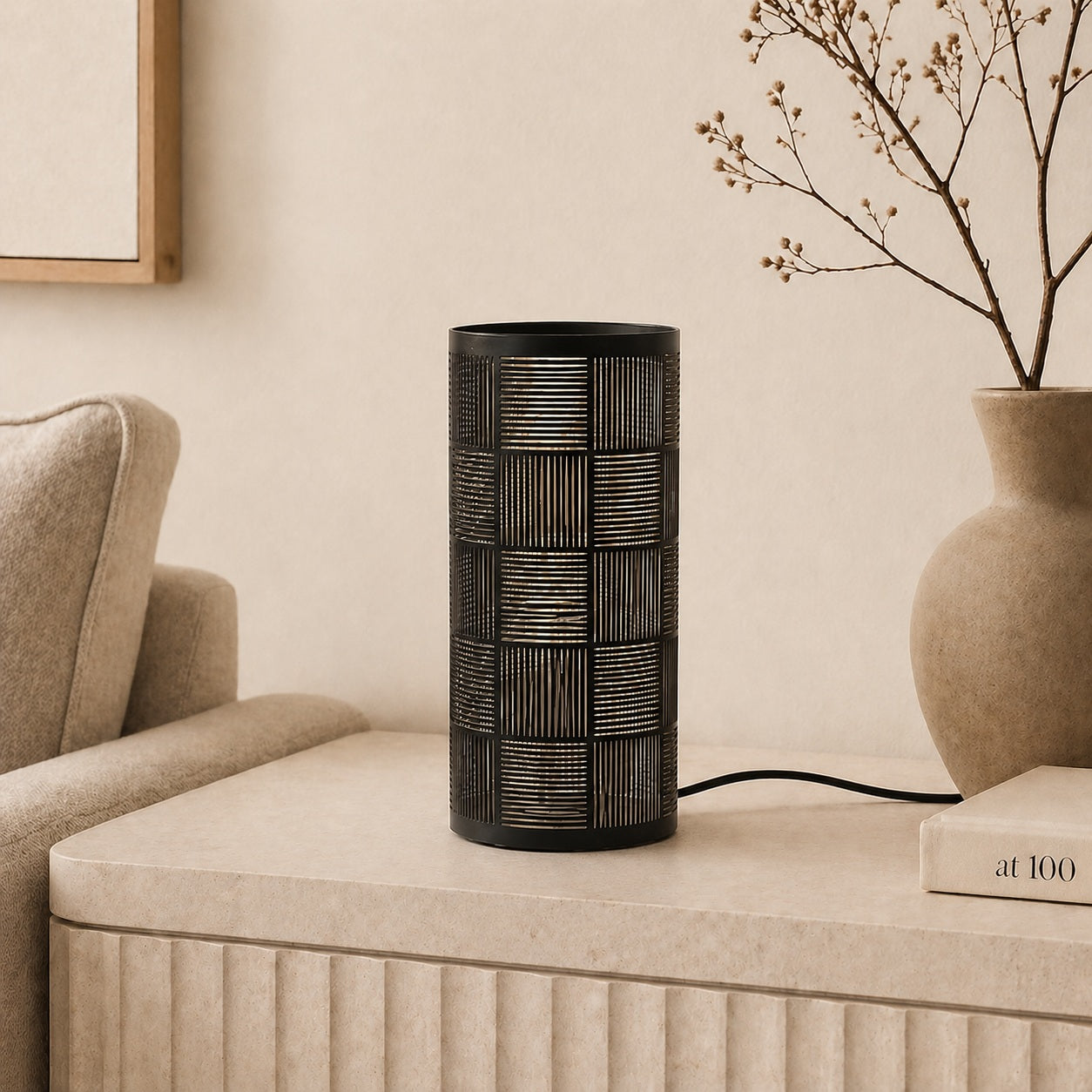 Metal accent table lamp with open patterned shade