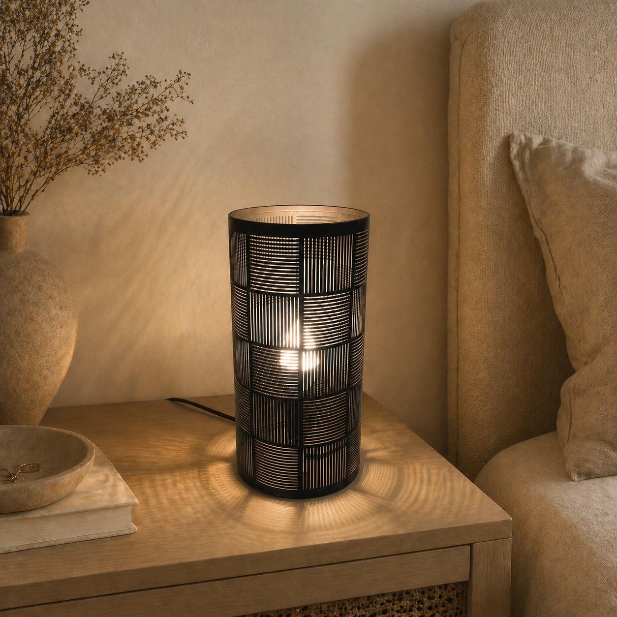 Santio black and gold cylinder table lamp