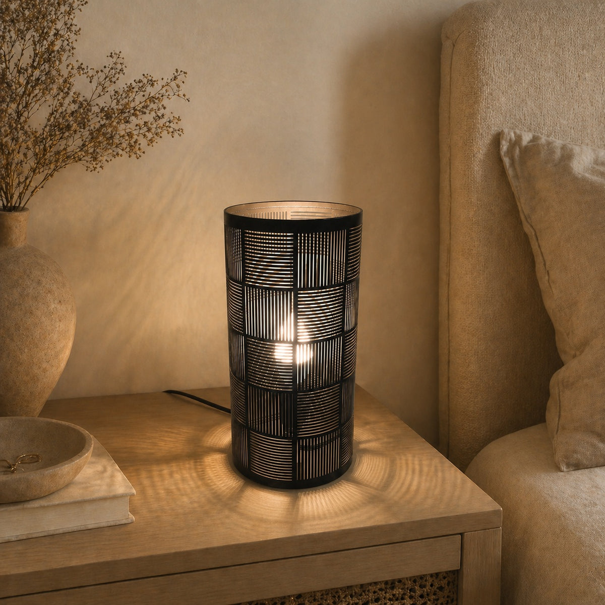 Santio black and gold cylinder table lamp