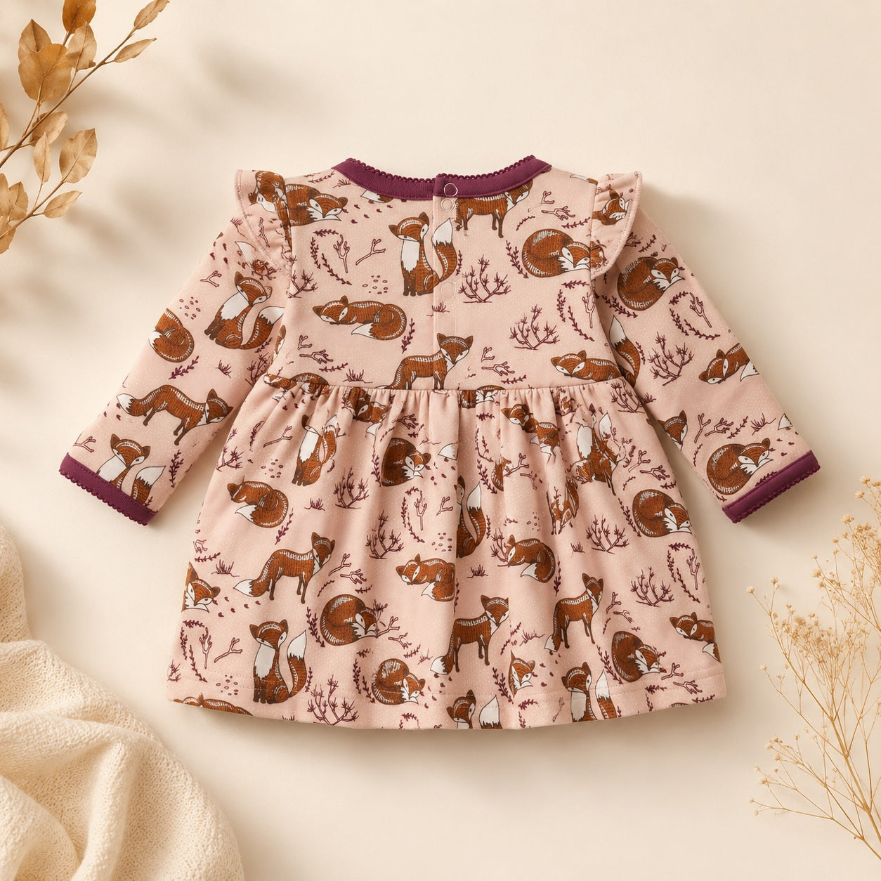 Baby girl long sleeve dress with woodland fox pattern