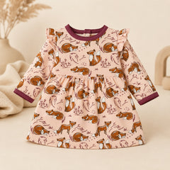 Organic cotton baby dress with ruffle shoulders and fox print