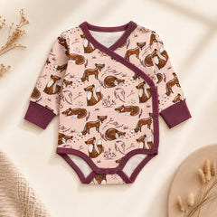 Pink baby romper with woodland fox print and merlot trim