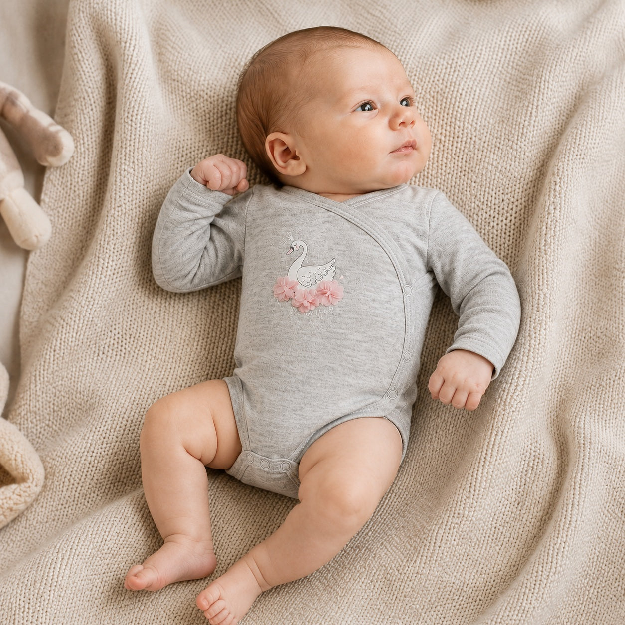 Grijs newborn romper met beautiful zwaan applique detail