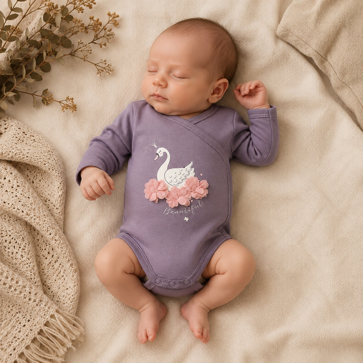 Back view of paars biologisch katoen baby romper met lange mouwen