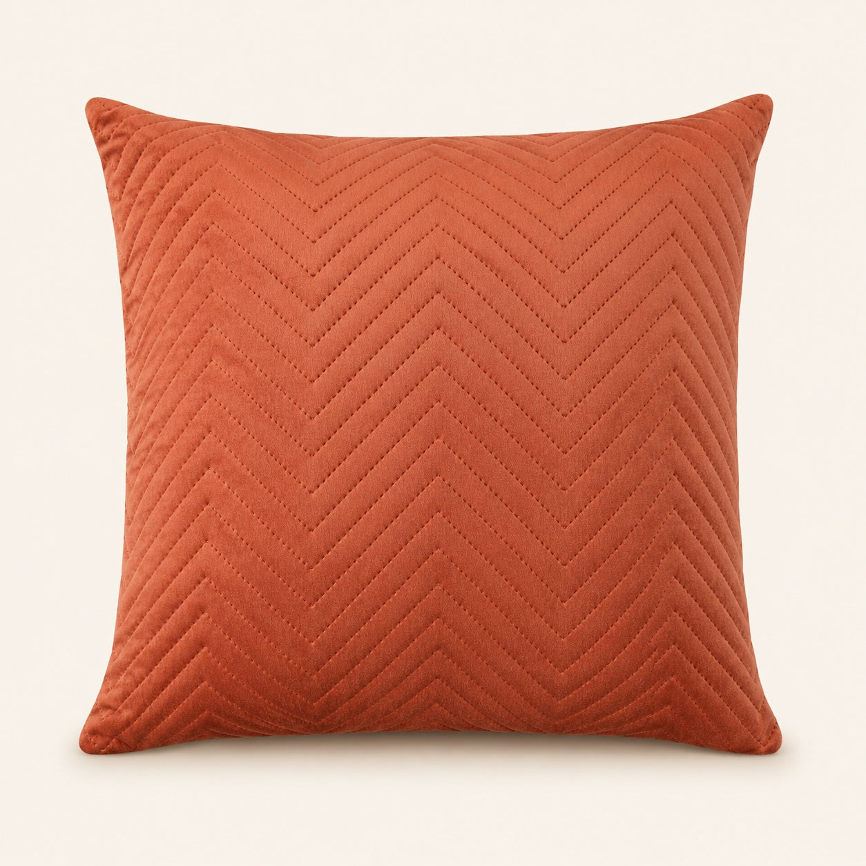 Vendel terracotta velvet cushion with stitched chevron pattern, 45 x 45 cm