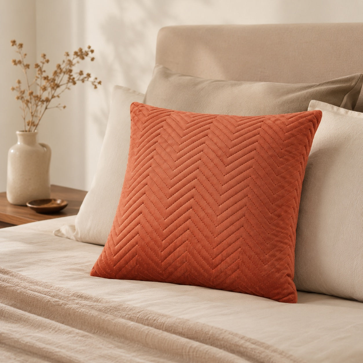 Vendel terracotta decorative cushion styled on a beige bed in a calm bedroom