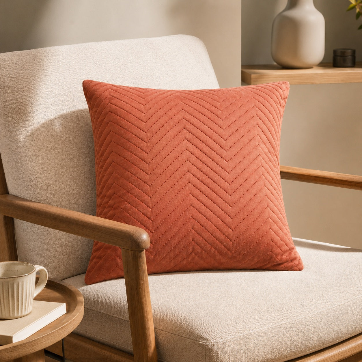Terracotta chevron cushion styled on a cream sofa in a warm neutral living room