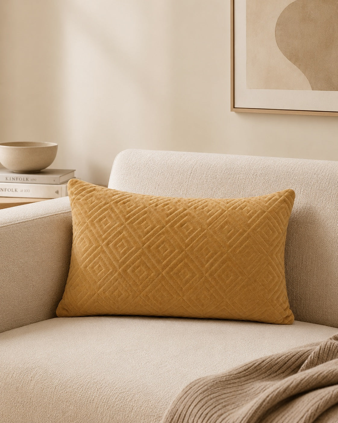 Vendel yellow velvet lumbar pillow with geometric diamond pattern
