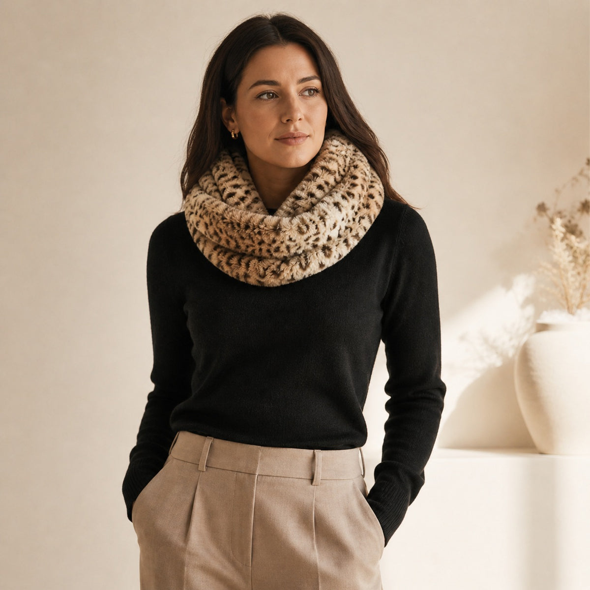 Dames Beige Colsjaal met Animal Print