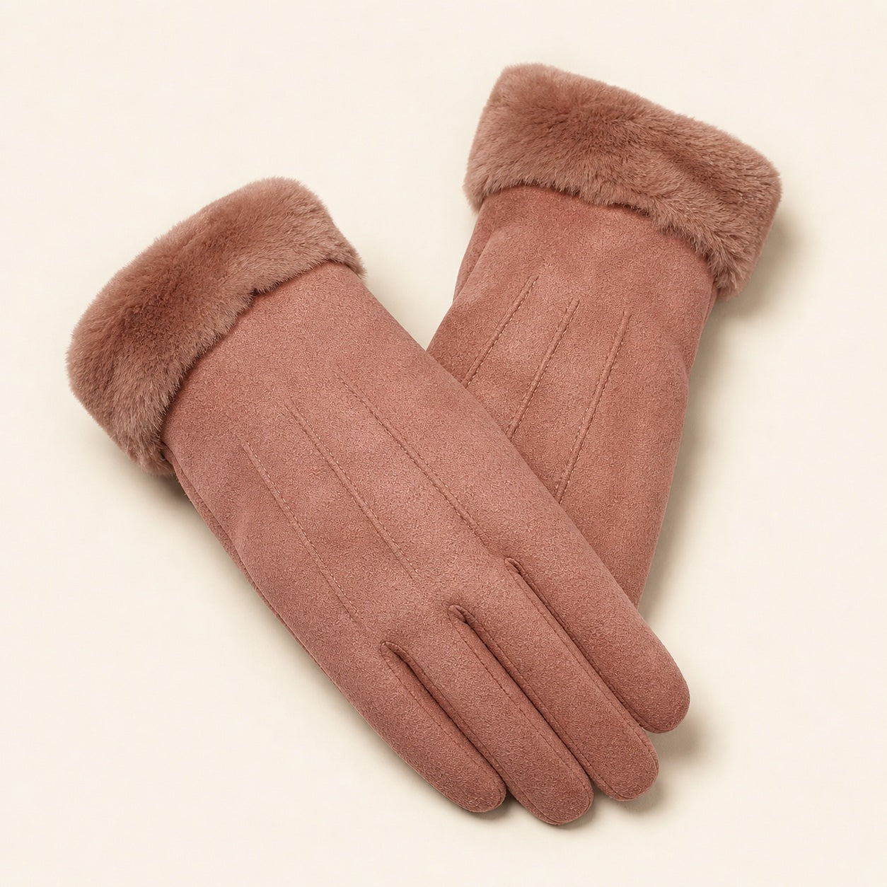 Roze polyester touchscreen handschoenen met warm pluche wrist cuff