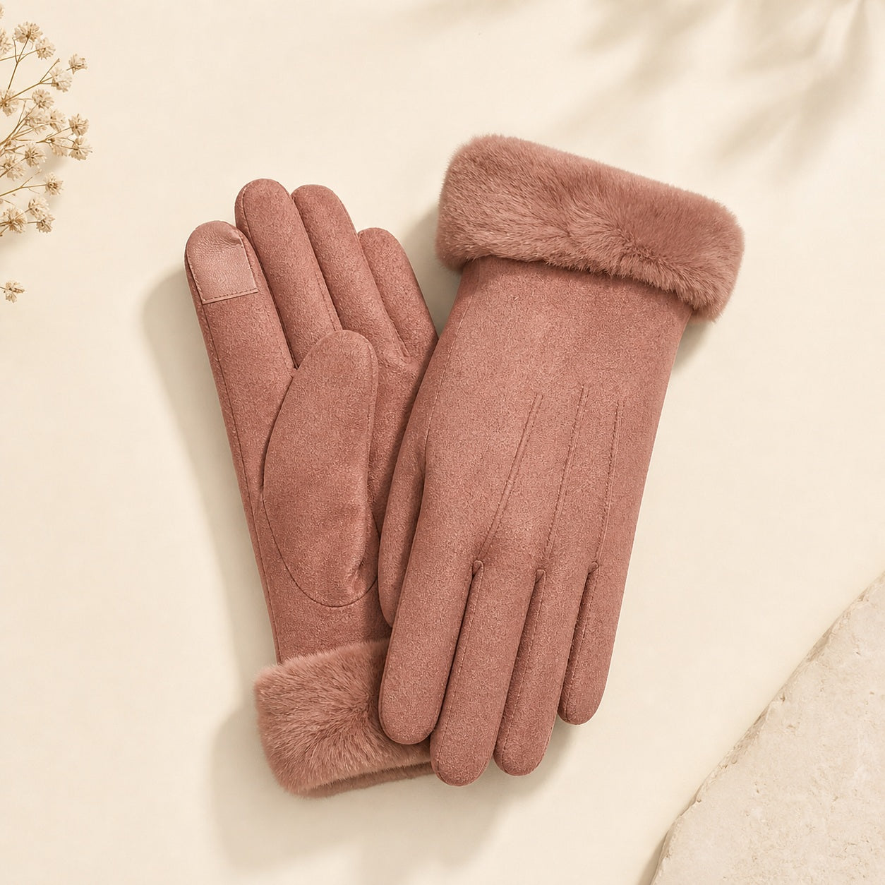 Dames winter wrist handschoenen roze met touchscreen fingertip