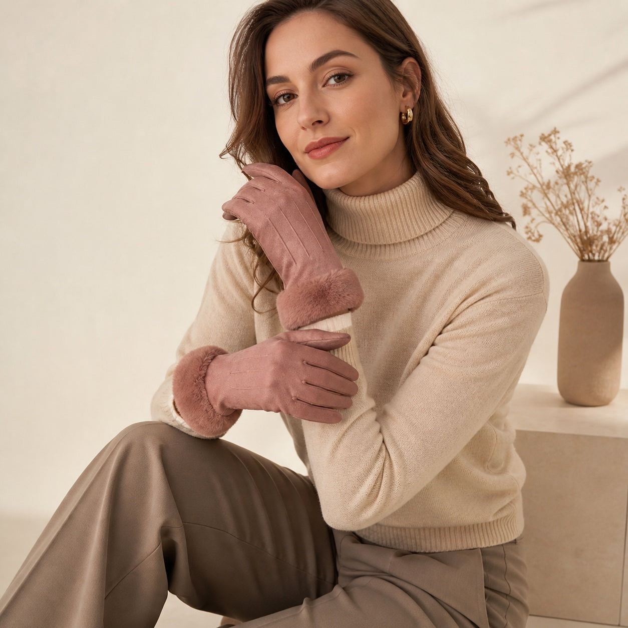 Dames roze touchscreen winter handschoenen met imitatiebont cuff