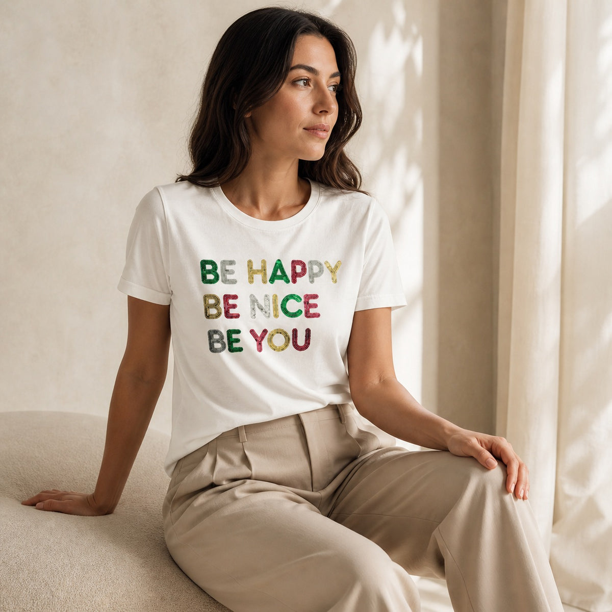 Dames wit slogan T shirt met Be Happy Nice You text