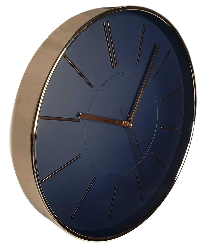 Wandklok-wall-clock-shining-copper-glanzend-koper-blue-blauw-quartz