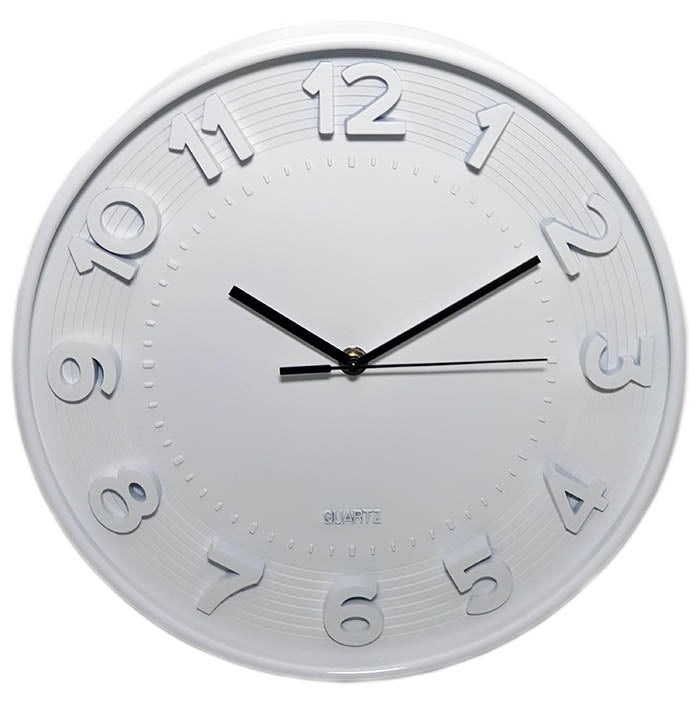 Wit-White-Wandklok-Wall-clock-raised-verhoogd-quartz